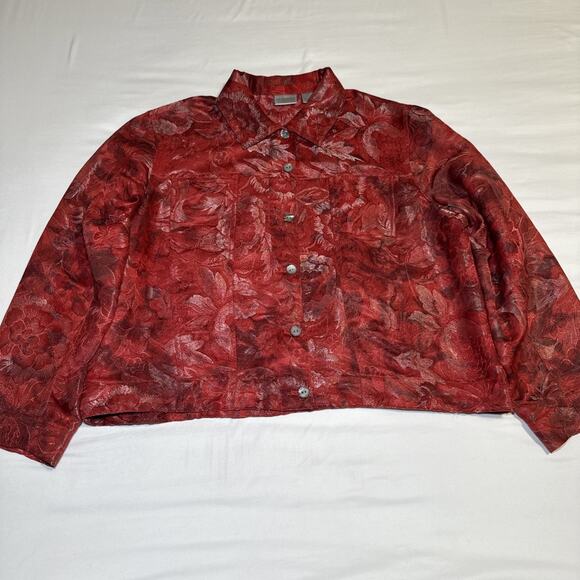 Chicos 3 Womens XL Jacket Silk Blend Blazer Red Metallic Floral Button Front EUC - Picture 1 of 14